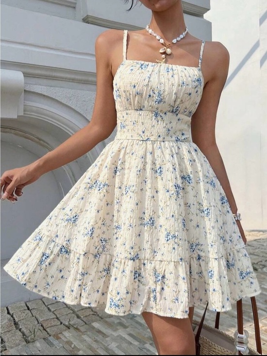 Dresses & Skirts - Sleeveless Floral Summer Dress in Cream and Blue, Sz. L